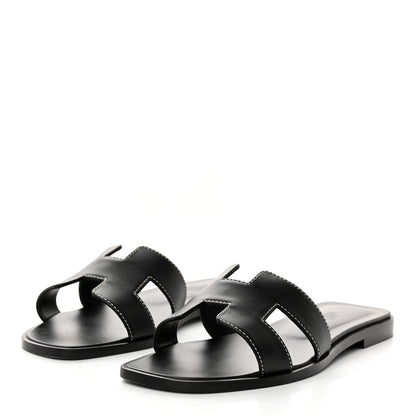 Hermes Box Calfskin Oran Sandals 35.5 Black 3 of 9