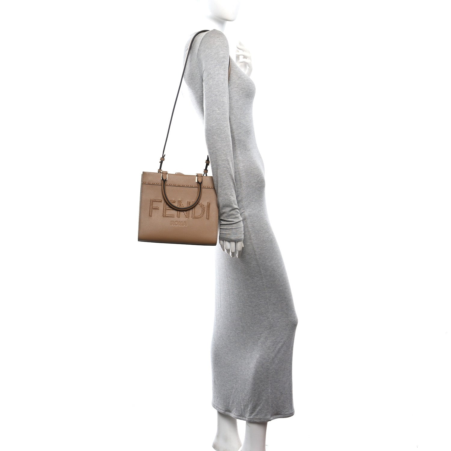 Fendi Vitello Santa Barbara Woven Logo Small Fendi Sunshine Shopper Tote Cappucino 2 of 10
