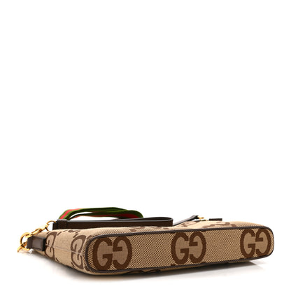 Gucci Monogram Jumbo GG Textured Dollar Calfskin Web Wristlet Messenger Bag Camel Ebony New Acero 4 of 11
