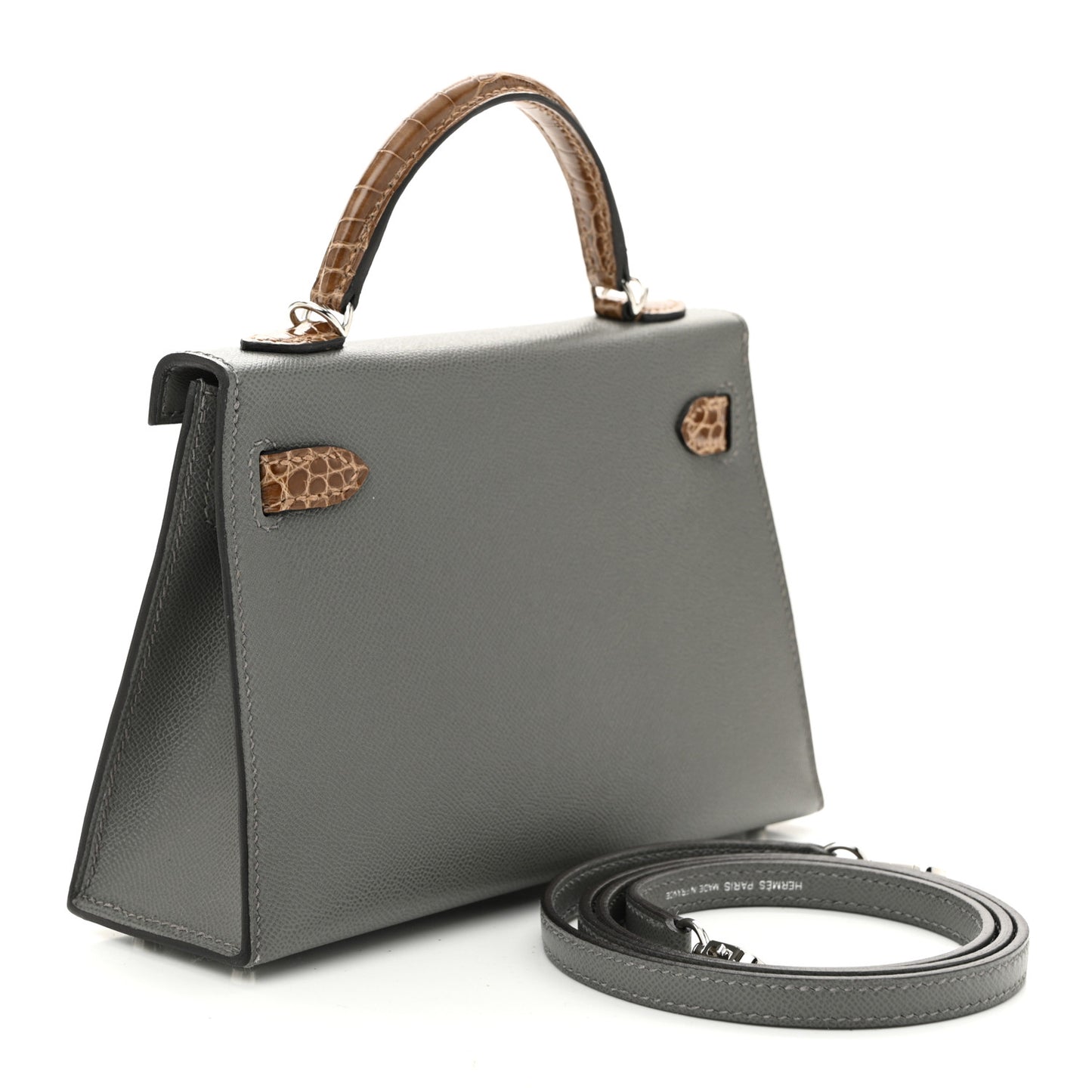 Madame Calfskin Shiny Alligator Mini Kelly Sellier Touch 20 Gris Meyer Ficelle