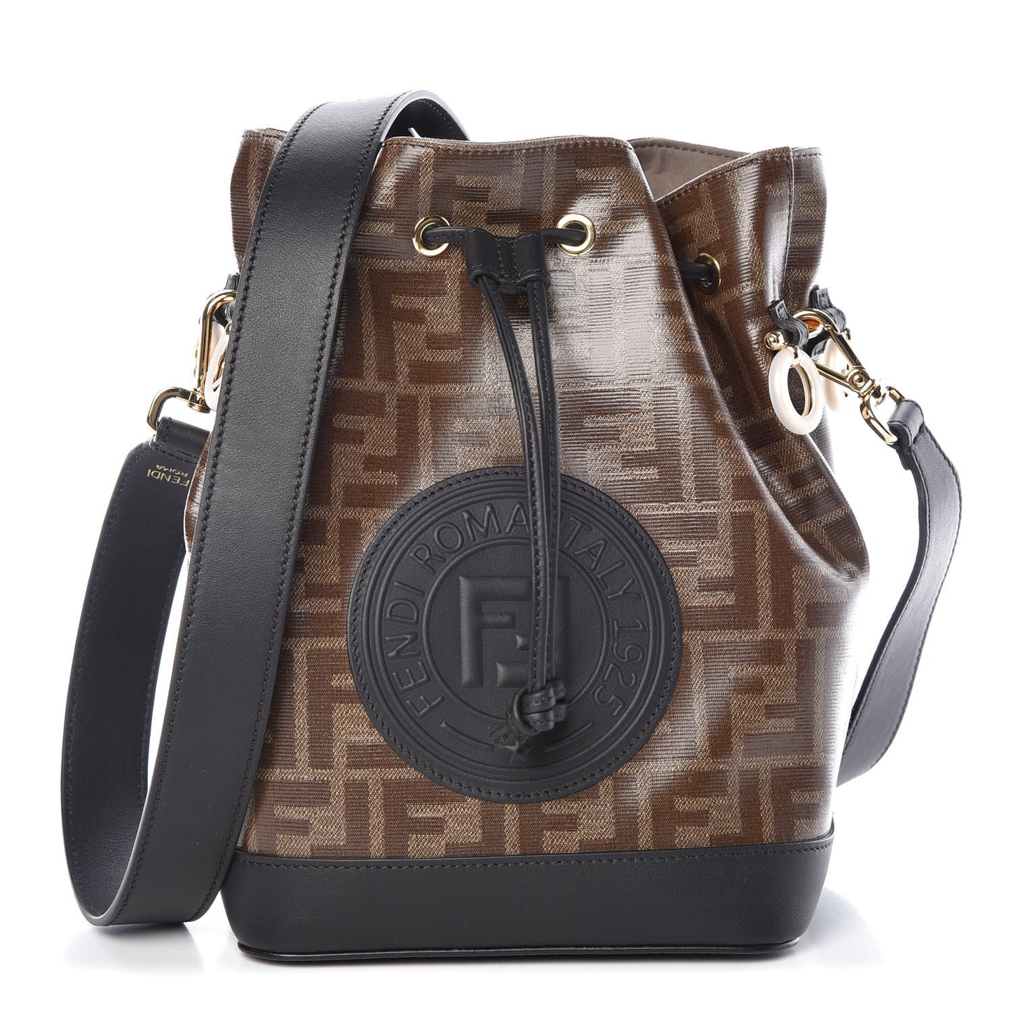Glazed Fabric Vitello Grace F is Fendi FF 1974 Stamp Patch Grande Mon Tresor Bucket Bag Mogano Panna Black