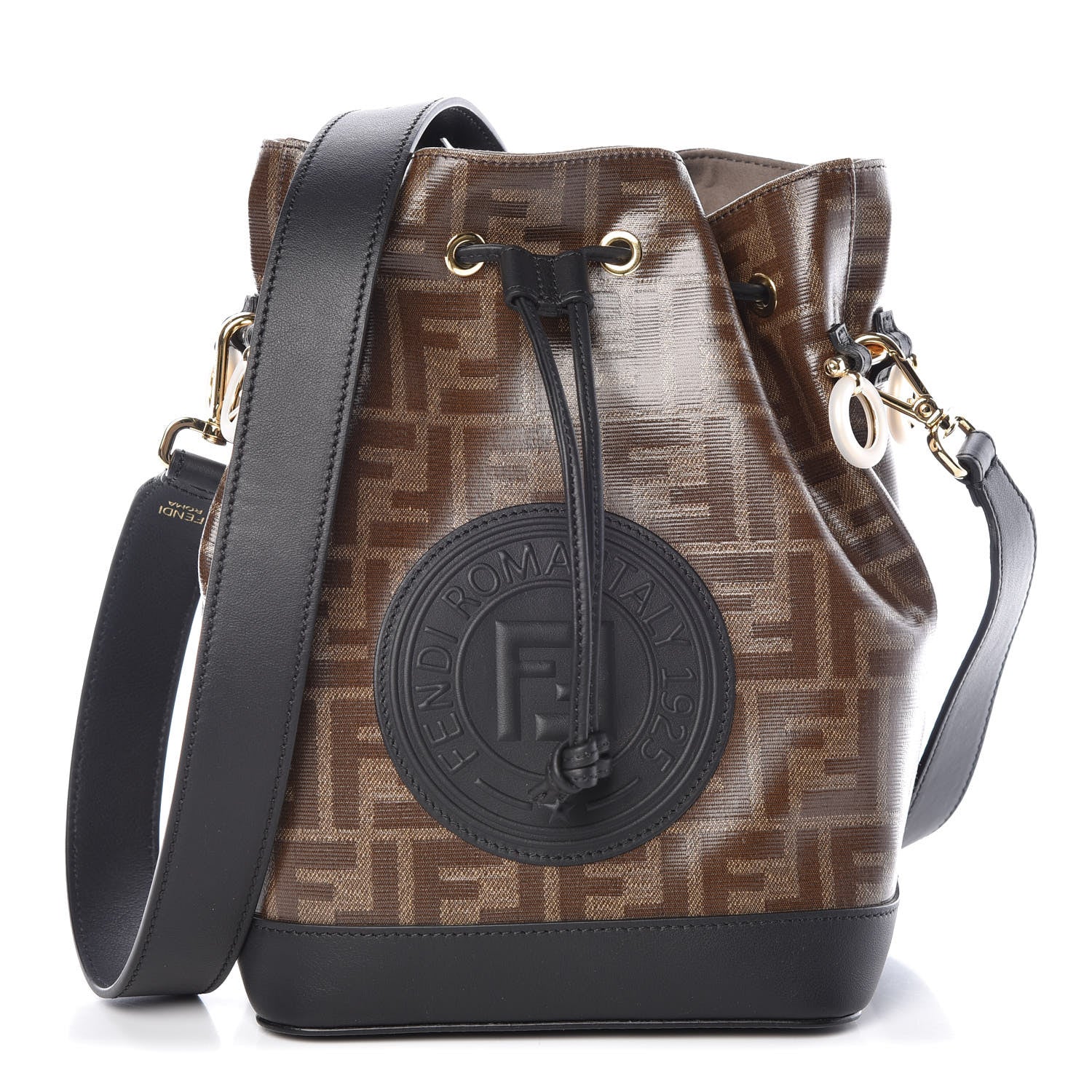 Fendi Glazed Fabric Vitello Grace F is Fendi FF 1974 Stamp Patch Grande Mon Tresor Bucket Bag Mogano Panna Black 1 of 9