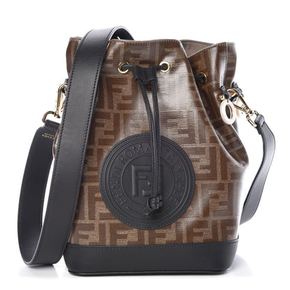Fendi Glazed Fabric Vitello Grace F is Fendi FF 1974 Stamp Patch Grande Mon Tresor Bucket Bag Mogano Panna Black 1 of 9