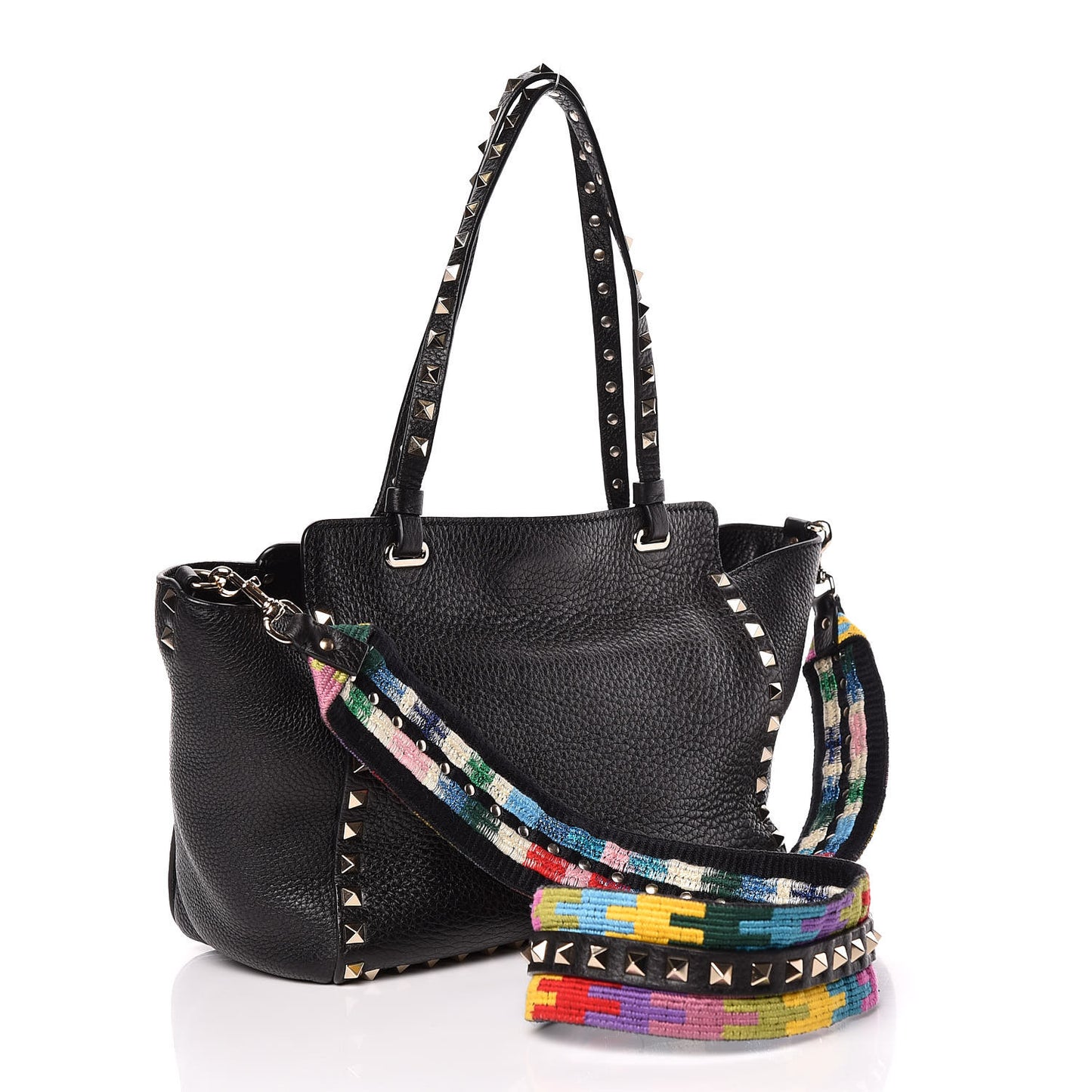 Grained Calfskin Embroidered Small Rockstud Rolling Tote Black