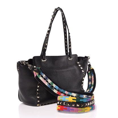 Valentino Garavani Grained Calfskin Embroidered Small Rockstud Rolling Tote Black 3 of 10