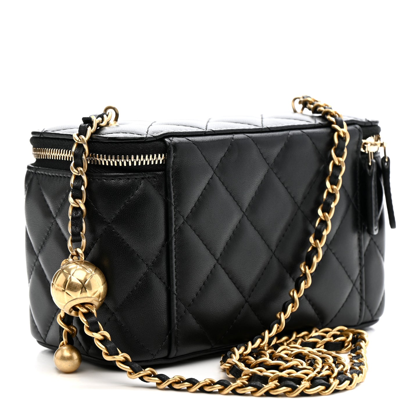 Lambskin Quilted Pearl Crush Small Vanity Case With Chain Black