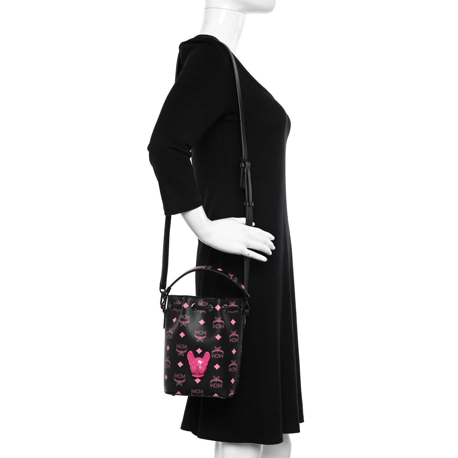 MCM Nappa Visetos Mini Pup Color Splash Drawstring Bag Black Pink 3 of 12