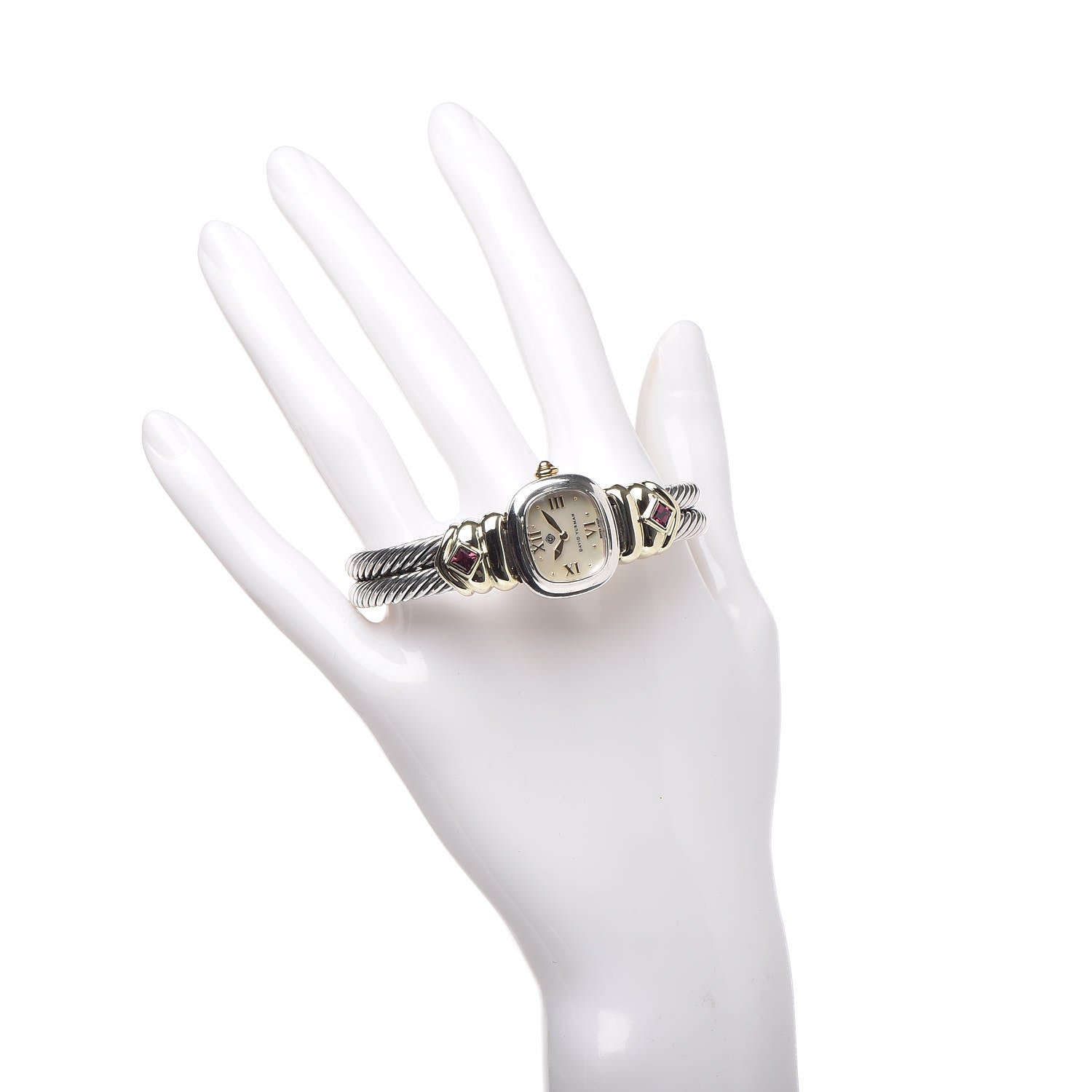 David Yurman Sterling Silver 14K Yellow Gold Mother of Pearl Garnet 21mm Classic Cable Quartz Watch 2 of 8