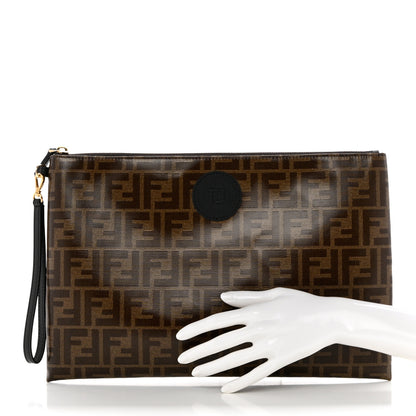 Fendi Glazed Fabric Vitello Century FF 1974 Stamp Patch Large Flat Pouch Mogano Panna Black 2 of 7