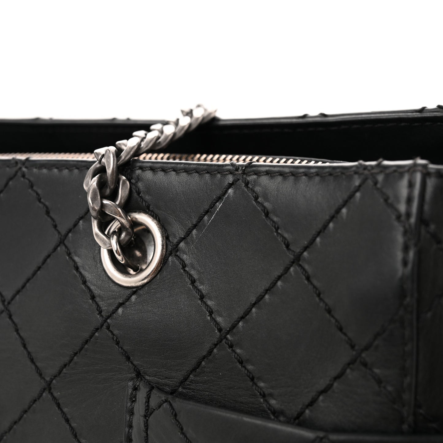 Lambskin Stitched Shopping Tote Black