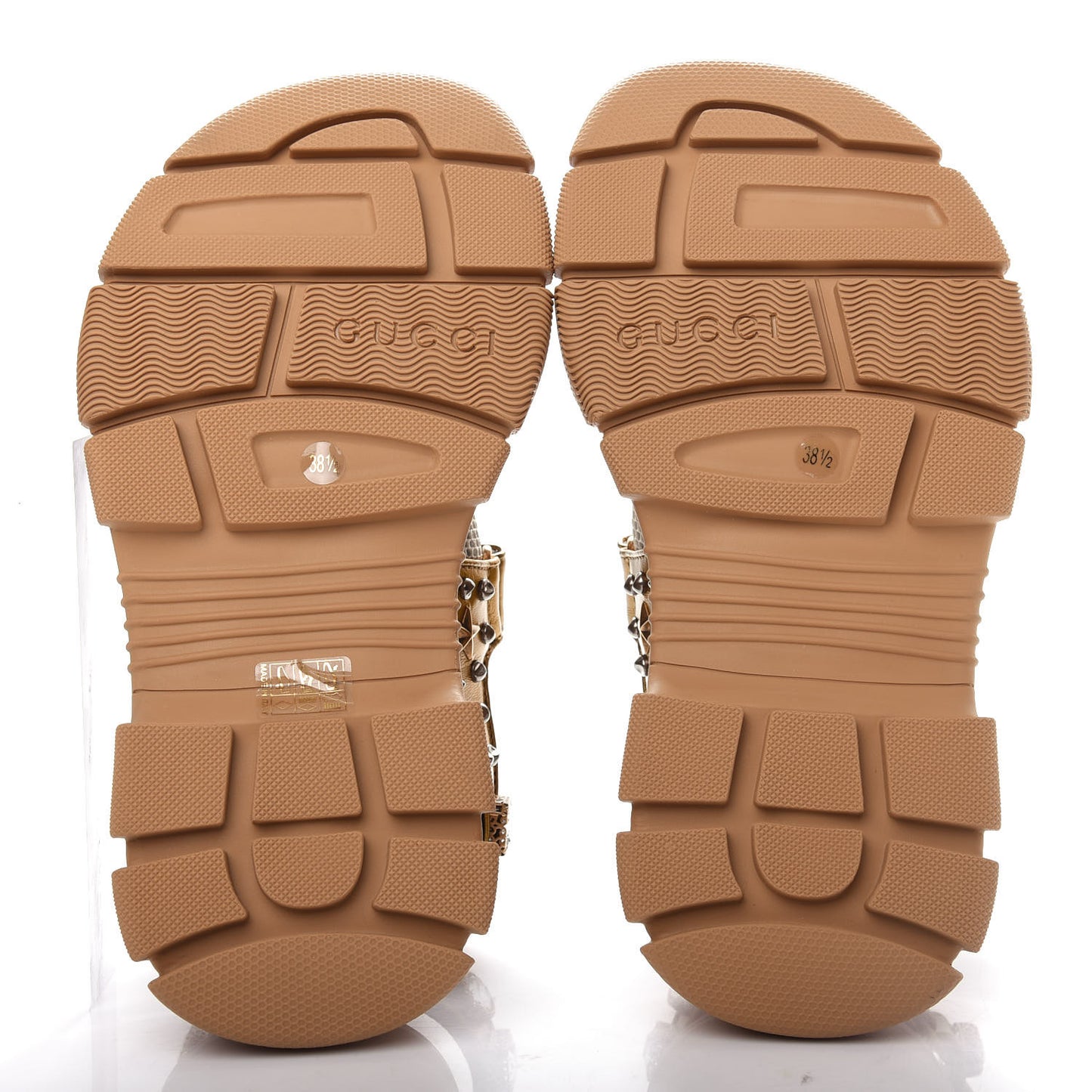 Silk Calfskin Mesh Crystal Embellished Studded Womens Aguru Sandals 38.5 Gold