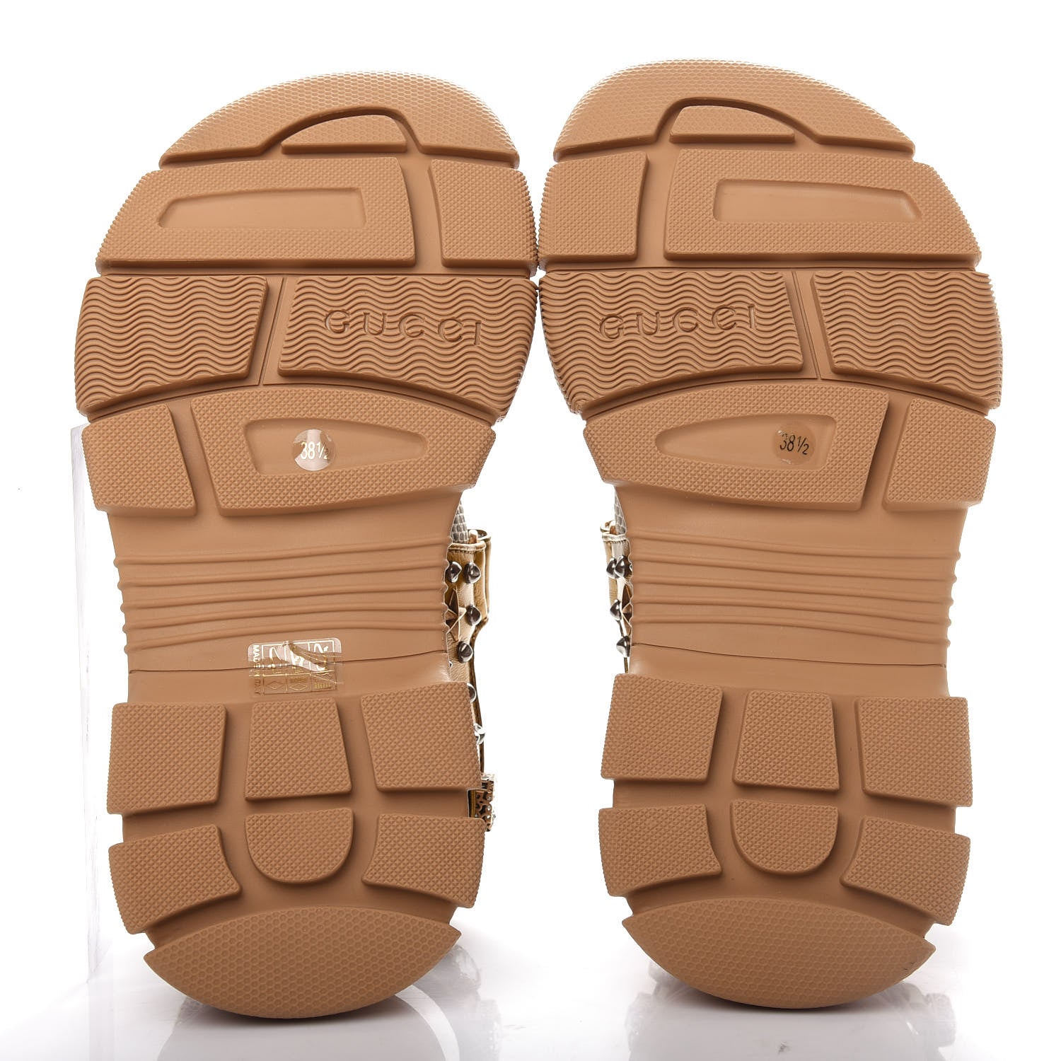 Gucci Silk Calfskin Mesh Crystal Embellished Studded Womens Aguru Sandals 38.5 Gold 6 of 10