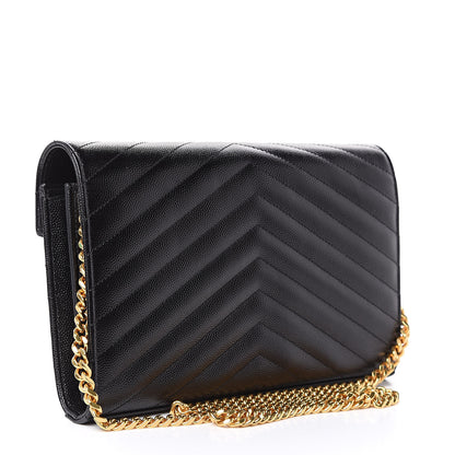 Saint Laurent Grain De Poudre Matelasse Chevron Monogram Chain Wallet Black 3 of 8