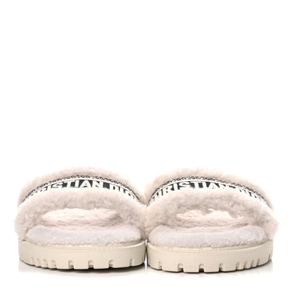 Christian Dior Shearling Canvas Embroidered Dway 10mm Slide Sandals 37 Natural Deep Blue 2 of 9