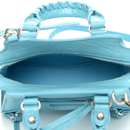Balenciaga Calfskin Crocodile Embossed Neo Classic Silver Hardware Nano City Crossbody Azur 5 of 9