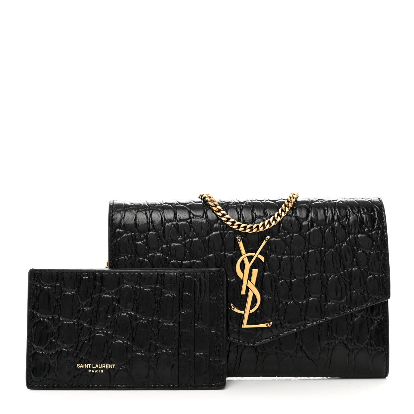 Calfskin Crocodile Embossed Monogram Uptown Chain Wallet Black