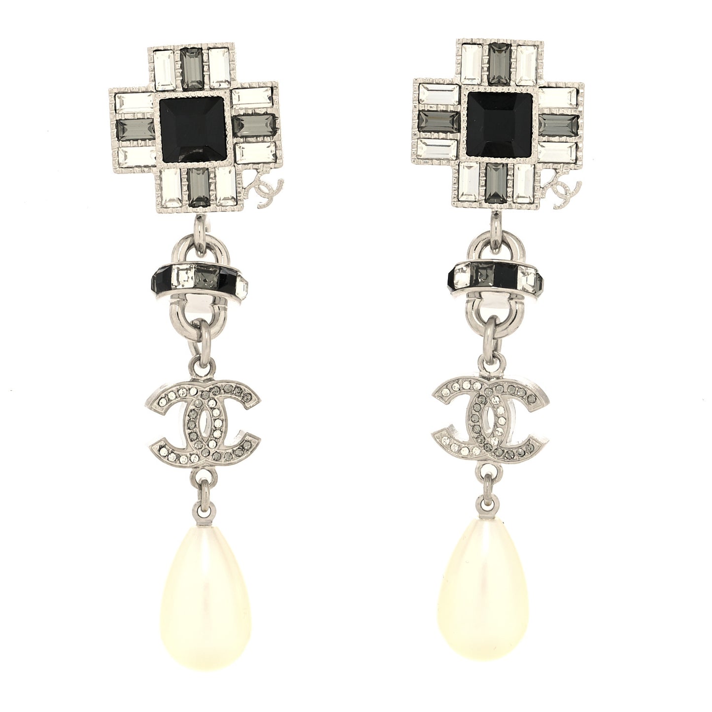 Crystal Baguette Pearl Cross CC Chain Drop Earrings Silver Grey Black Pearly White