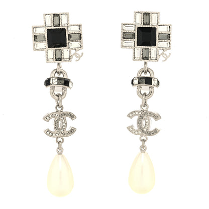 Chanel Crystal Baguette Pearl Cross CC Chain Drop Earrings Silver Grey Black Pearly White 1 of 4