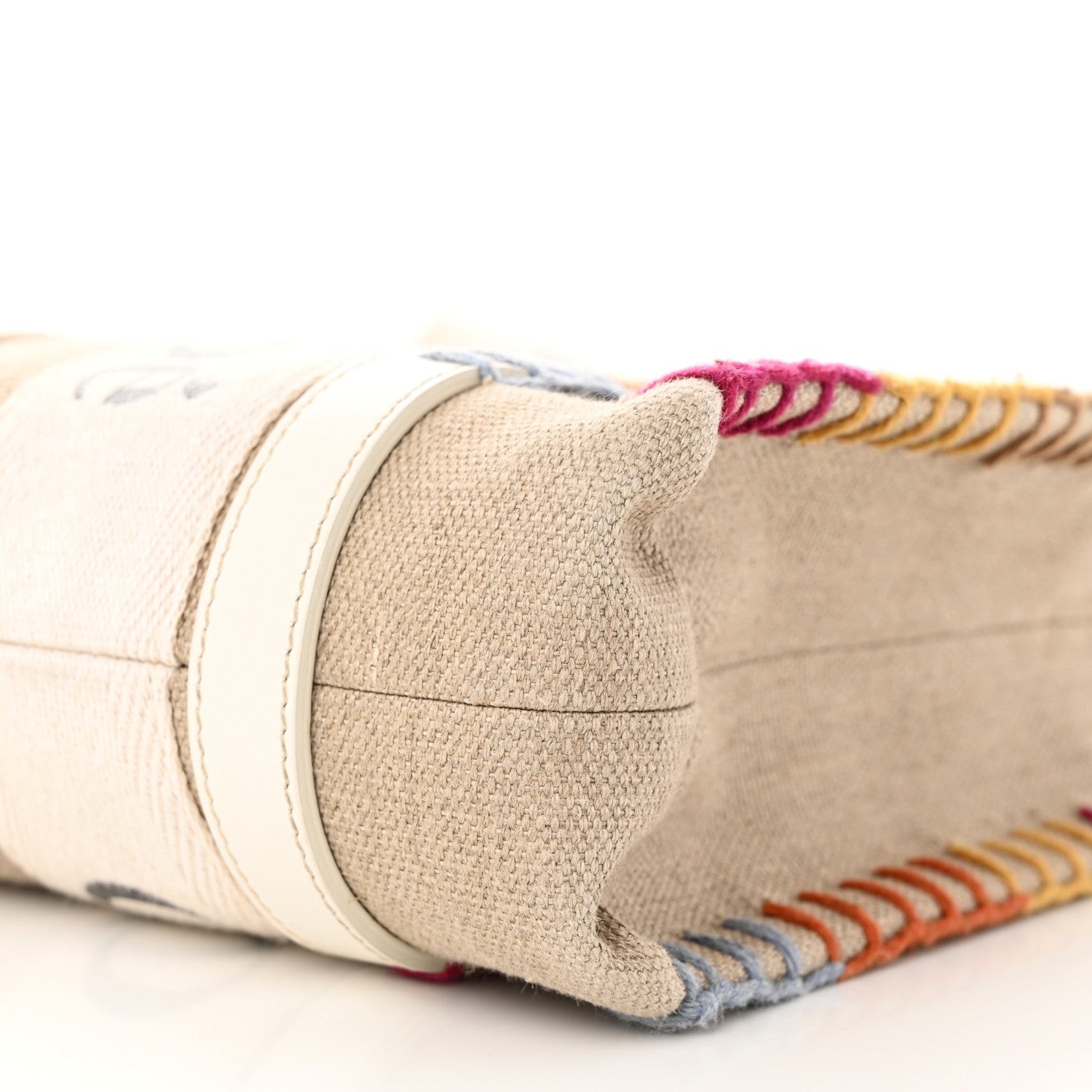 Chloe Linen Canvas Calfskin Blanket Stitched Small Woody Ribbon Tote White Multicolor 10 of 11