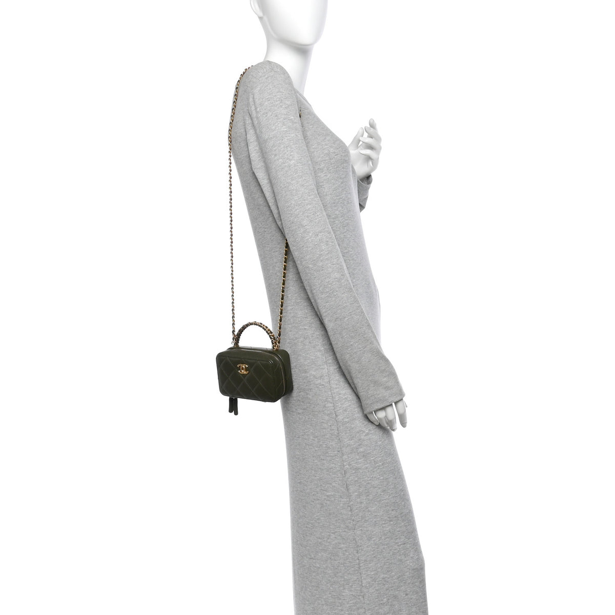 Lambskin Quilted Mini Chain Top Handle Vanity Case Dark Khaki