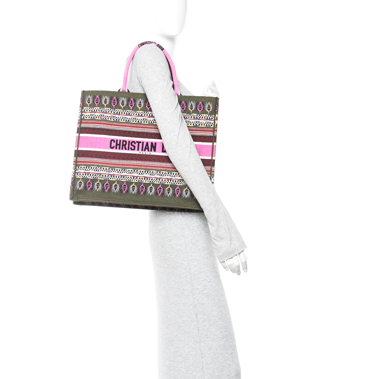 Christian Dior Canvas Embroidered Book Tote Olive Multicolor