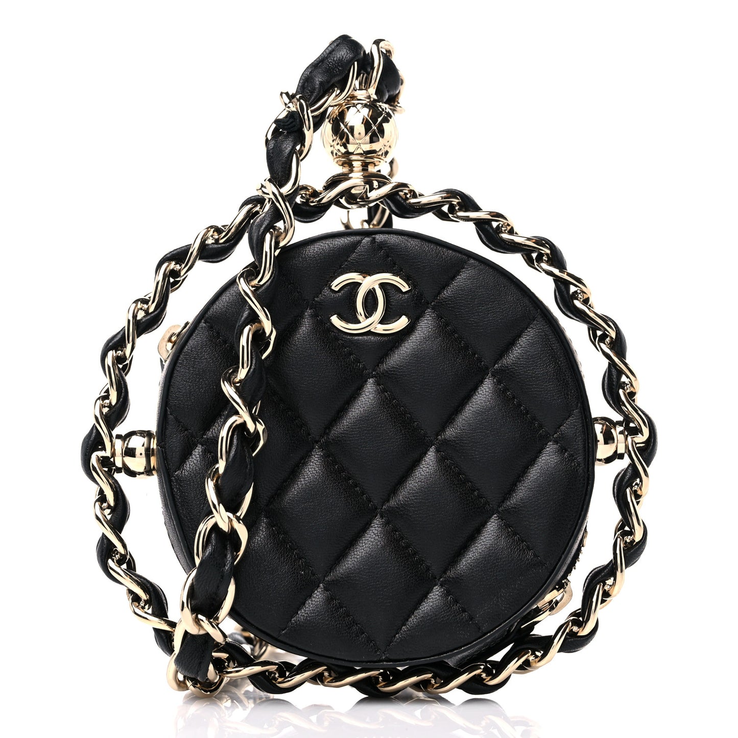 Lambskin Quilted Chain Round Clutch Black