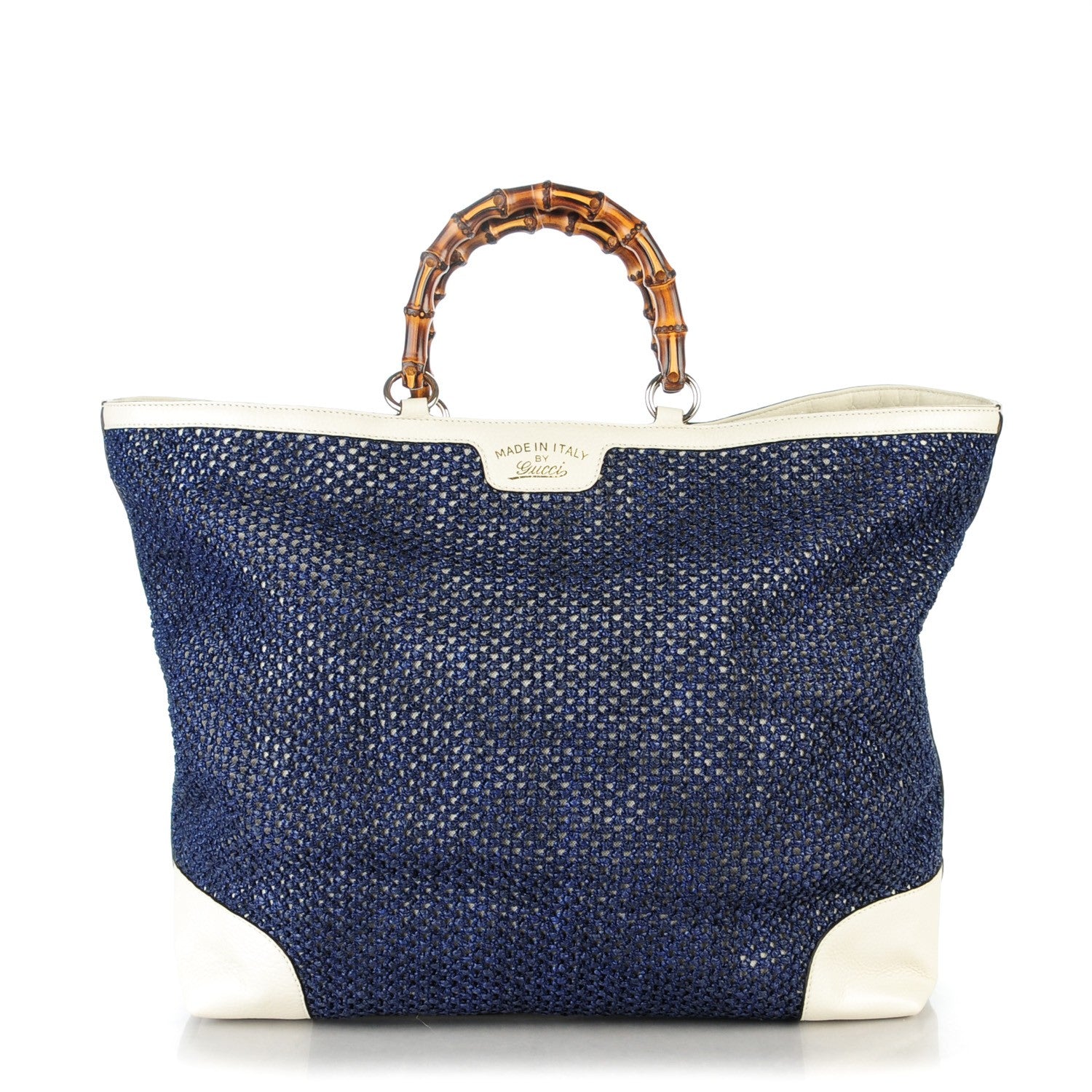 Gucci Straw Calfskin Bamboo Shopper Tote Uniform Blue 1 of 7