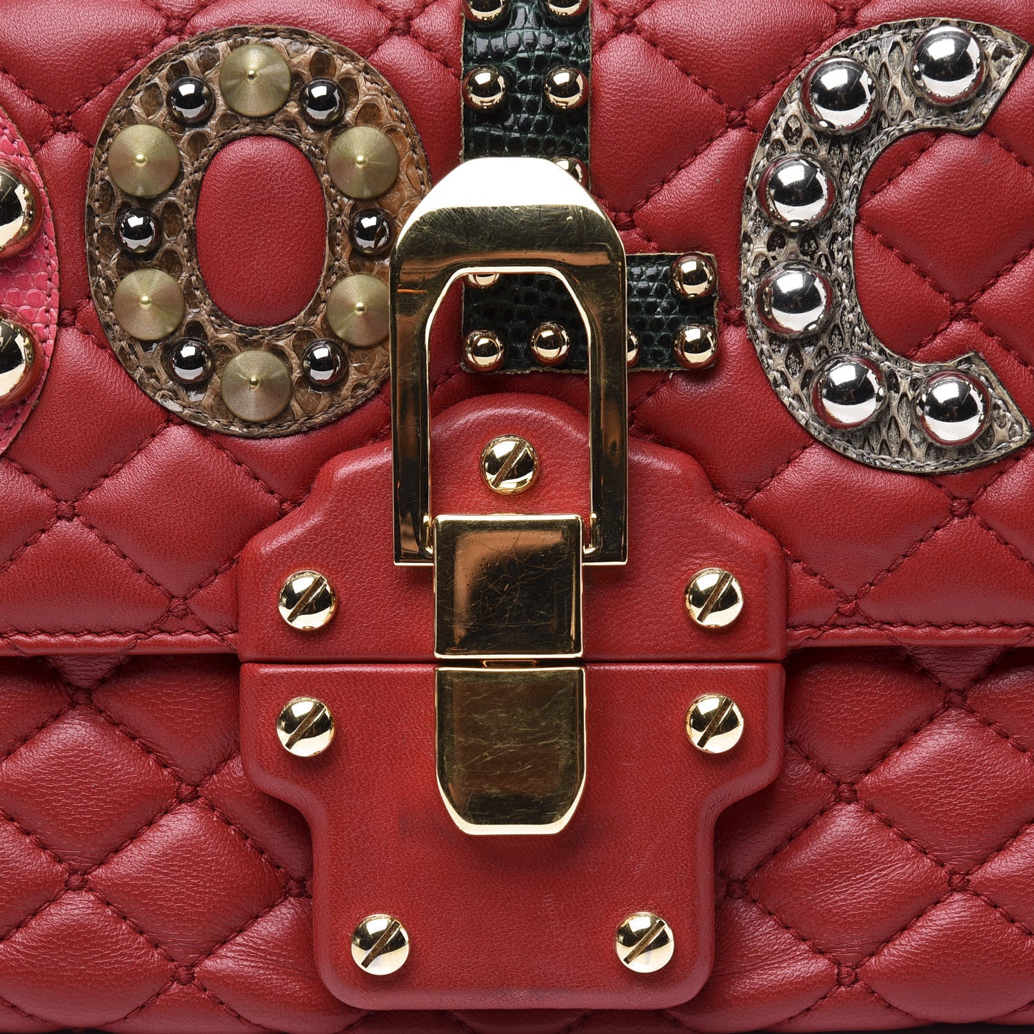 Dolce & Gabbana Lambskin Watersnake Embellished Lucia Shoulder Bag Red 8 of 9
