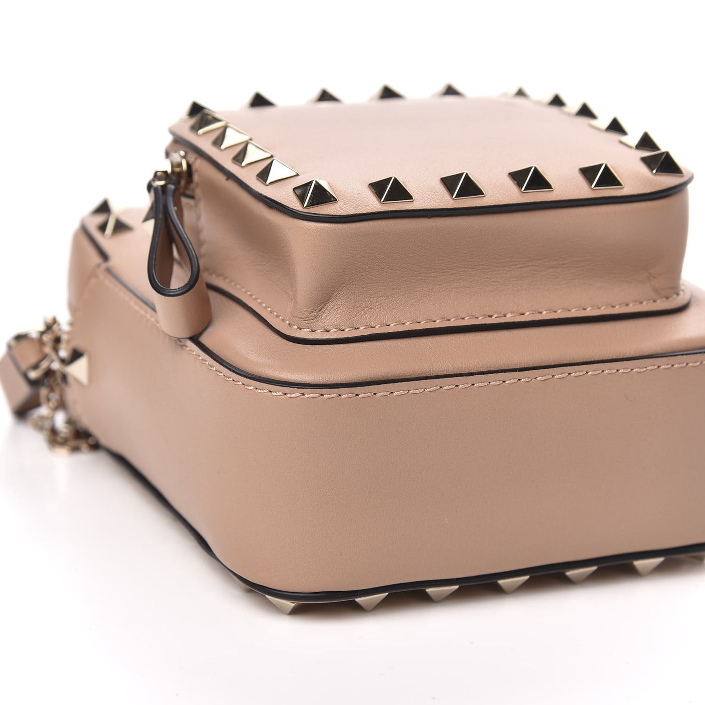 Calfskin Rockstud Double Pocket Chain Crossbody Bag Soft Noisette