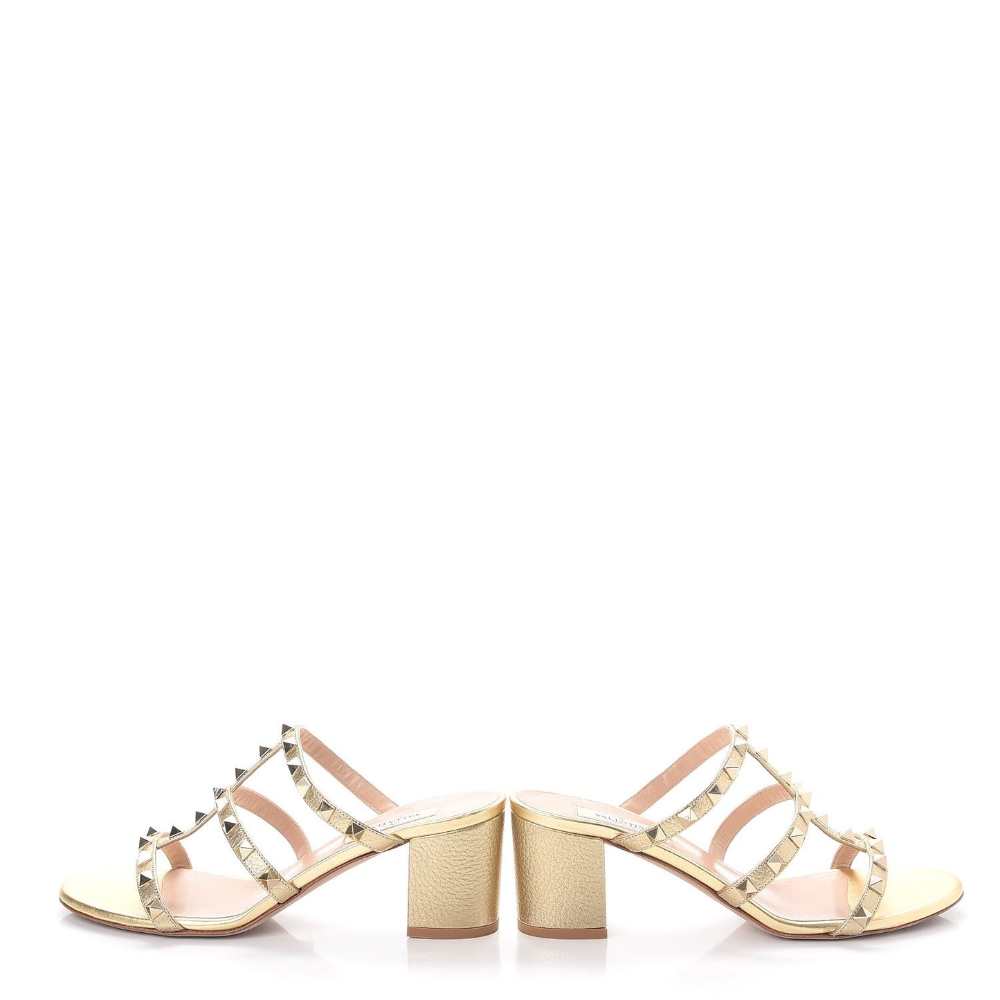 Metallic Pebbled Calfskin Rockstud 60mm Caged Slide Sandals 37 Skin