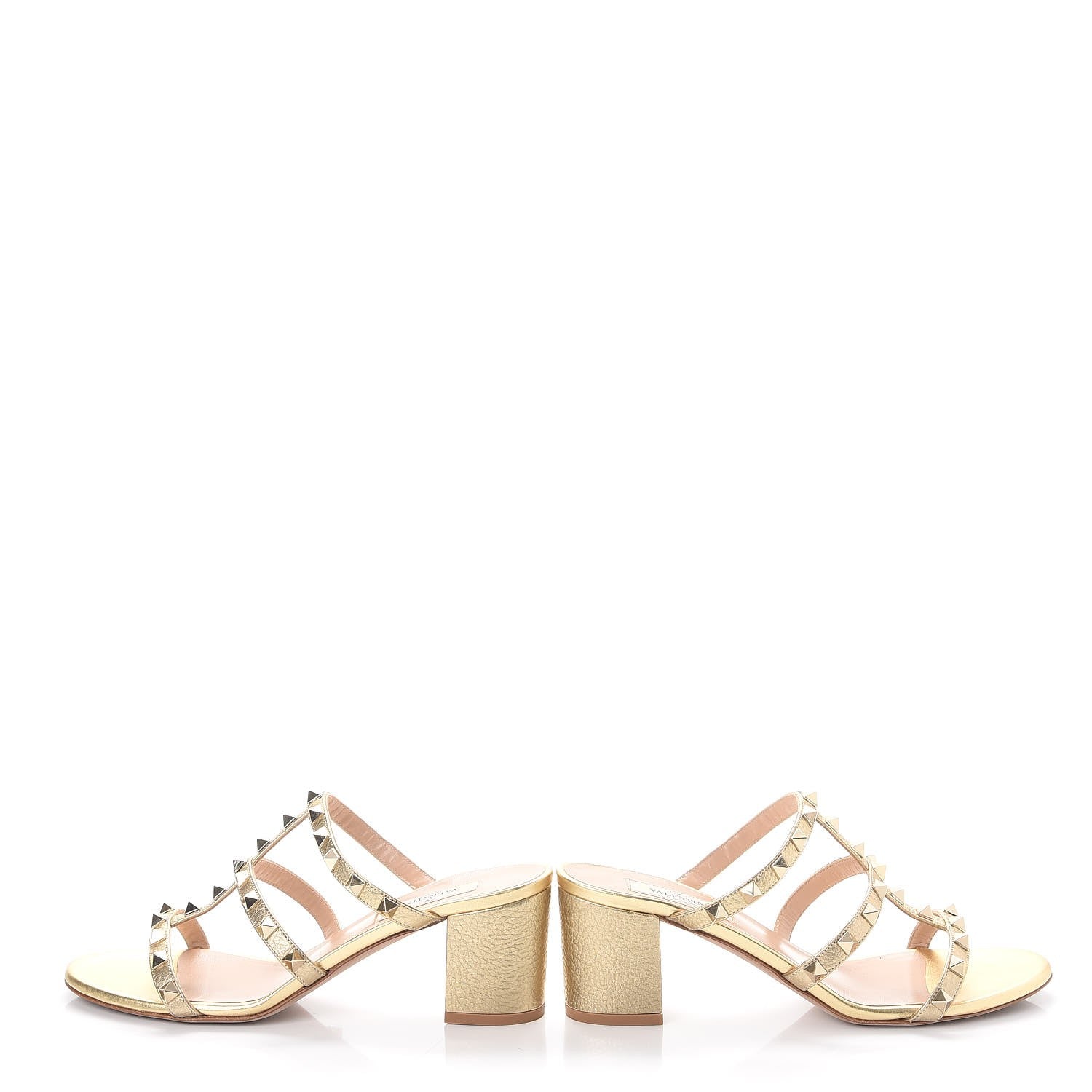 Valentino Garavani Metallic Pebbled Calfskin Rockstud 60mm Caged Slide Sandals 37 Skin 6 of 11
