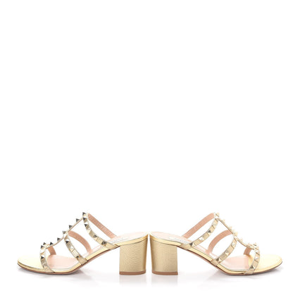Valentino Garavani Metallic Pebbled Calfskin Rockstud 60mm Caged Slide Sandals 37 Skin 6 of 11