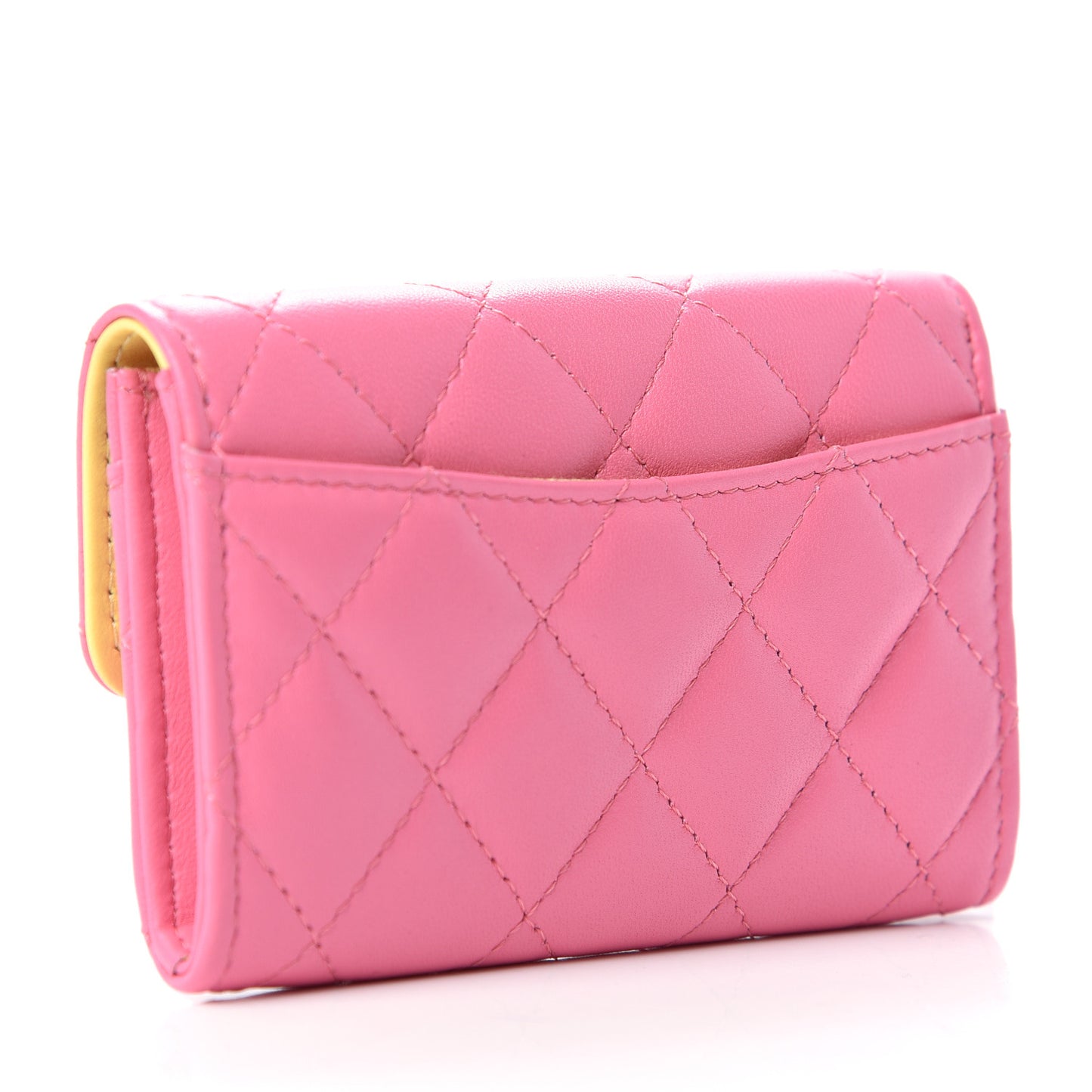 Lambskin Quilted Flap Card Holder Wallet Pink Yellow