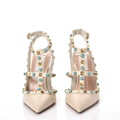 Valentino Garavani Pebbled Calfskin Turquoise Rockstud Rolling Ankle Strap 100mm Pumps 36 Ivory 2 of 11