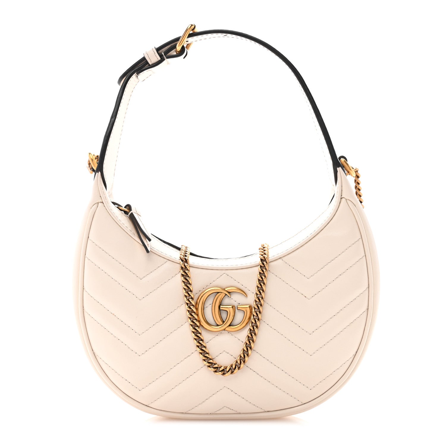 Gucci Calfskin Matelasse Chevron Mini GG Marmont Half Moon Hobo Mystic White 1 of 10