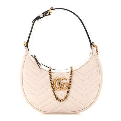 Gucci Calfskin Matelasse Chevron Mini GG Marmont Half Moon Hobo Mystic White 1 of 10