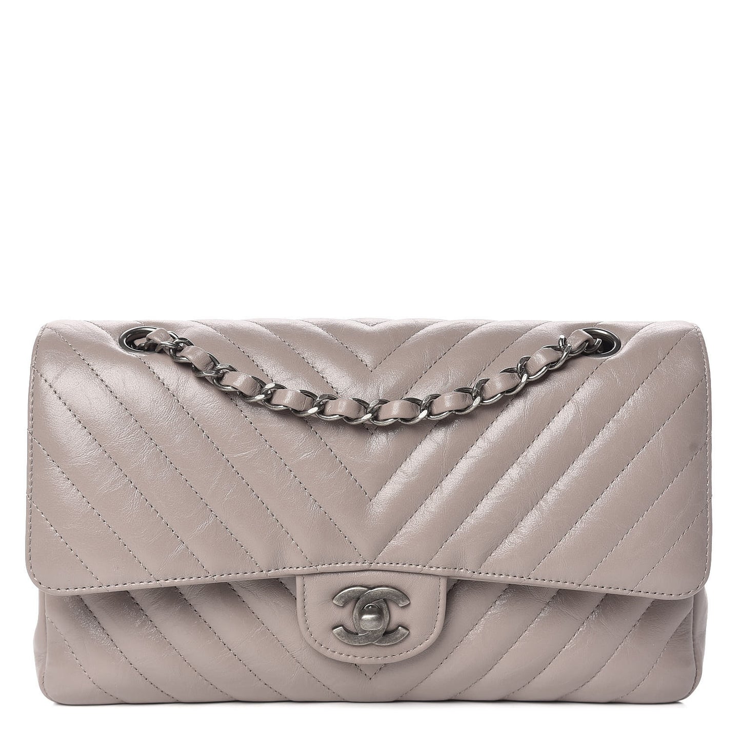 Iridescent Calfskin Chevron Quilted Medium Double Flap Grey