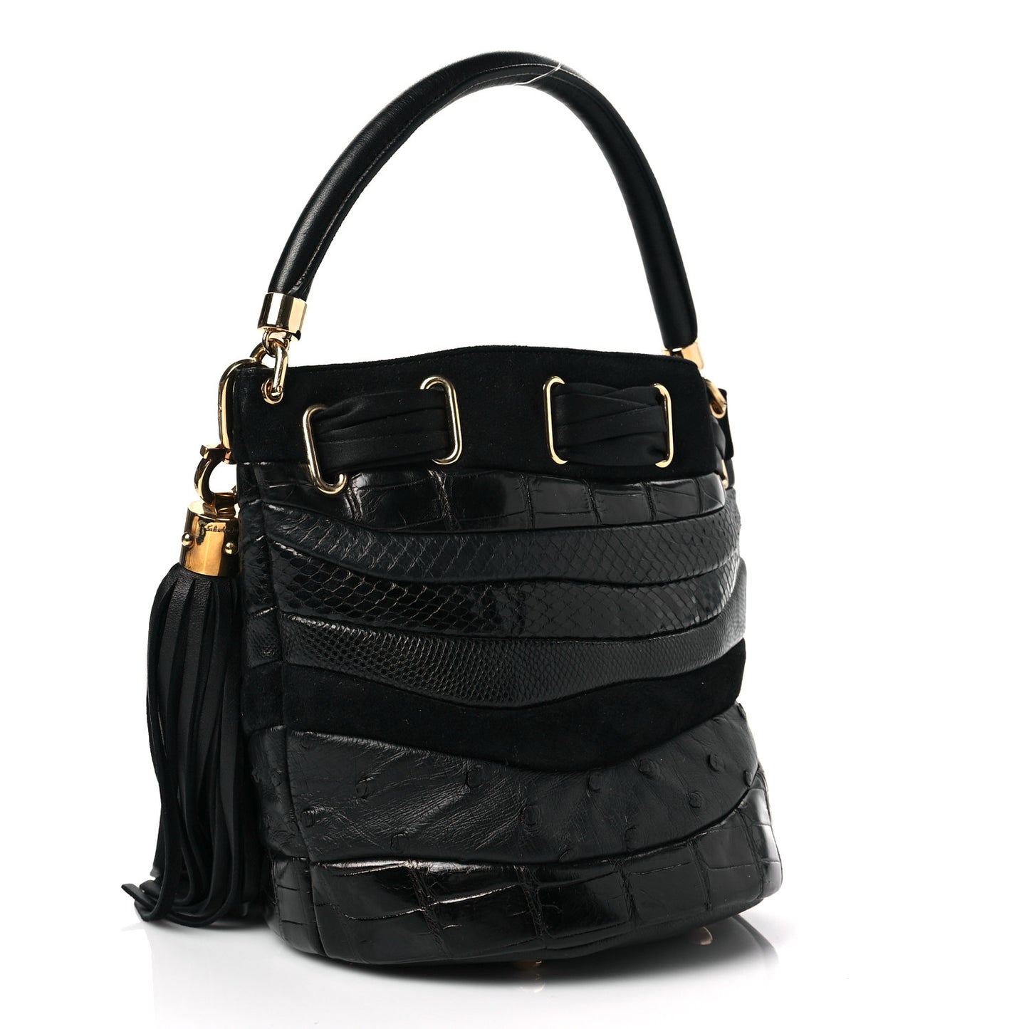 Snakeskin Alligator Ostrich Lizard Suede Drawstring Tassel Bucket Bag Black