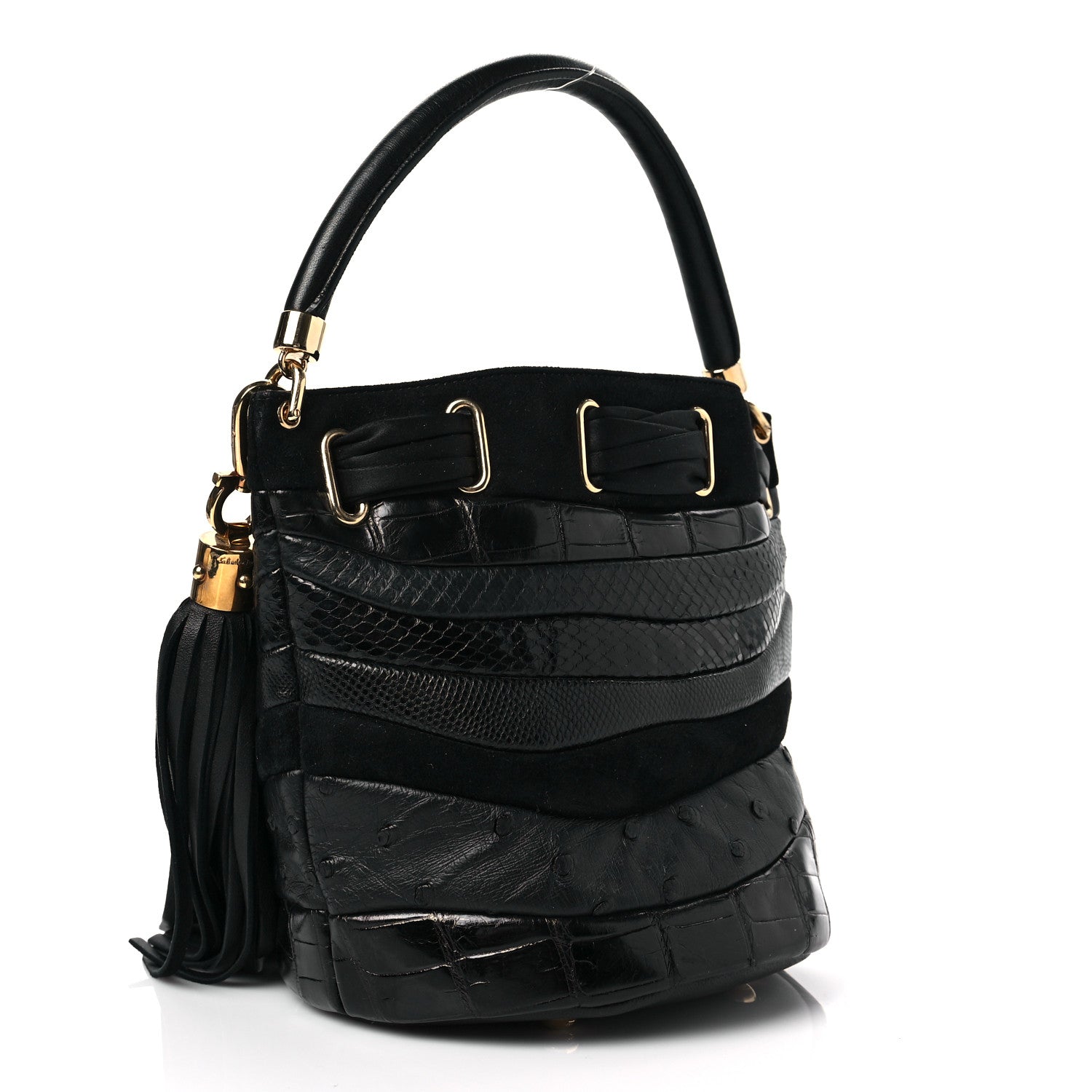 Salvatore Ferragamo Snakeskin Alligator Ostrich Lizard Suede Drawstring Tassel Bucket Bag Black 2 of 5