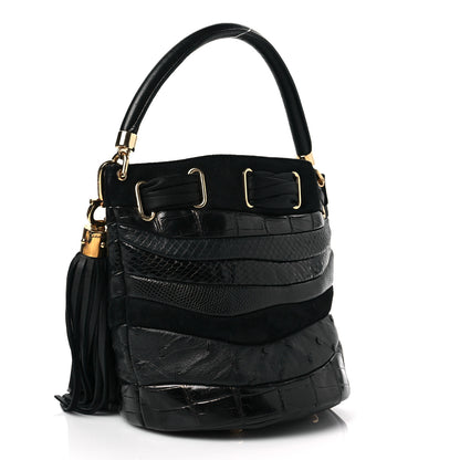 Salvatore Ferragamo Snakeskin Alligator Ostrich Lizard Suede Drawstring Tassel Bucket Bag Black 2 of 5