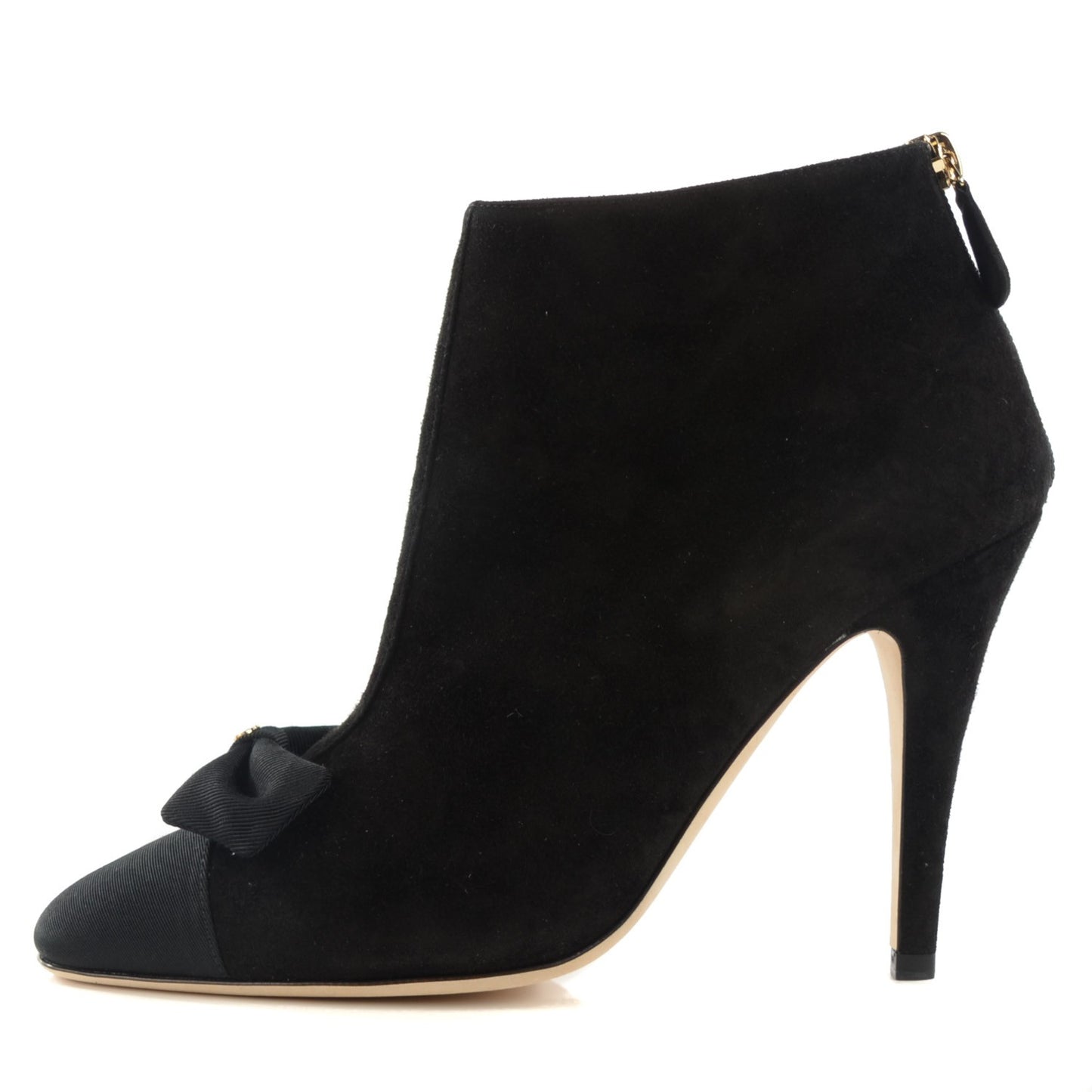 Suede Grosgrain Cap Toe CC Bow Ankle Boots 39 Black