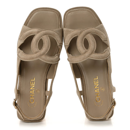 Chanel Suede Calfskin Platform CC Sandals 37.5 Dark Beige 2 of 10