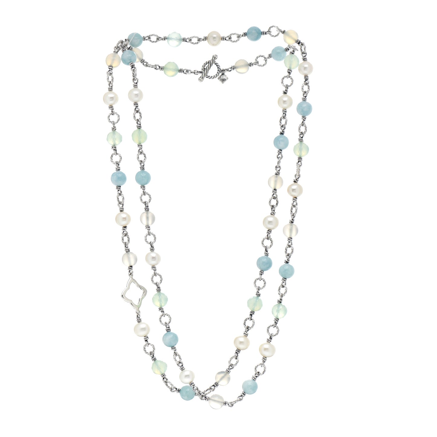 Sterling Silver Pearl Aquamarine Chalcedony Quatrefoil Necklace