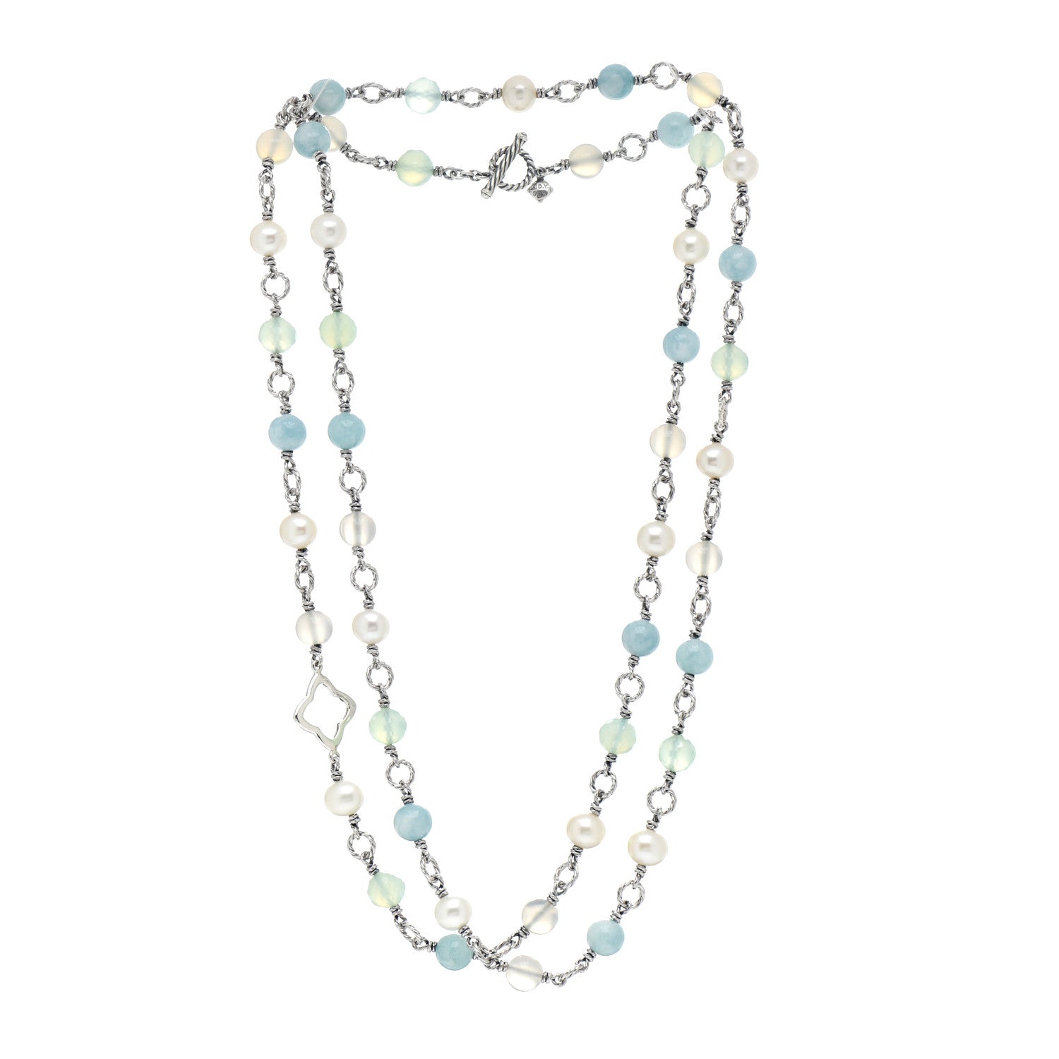 David Yurman Sterling Silver Pearl Aquamarine Chalcedony Quatrefoil Necklace 3 of 4