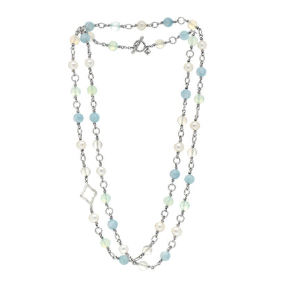 David Yurman Sterling Silver Pearl Aquamarine Chalcedony Quatrefoil Necklace 3 of 4