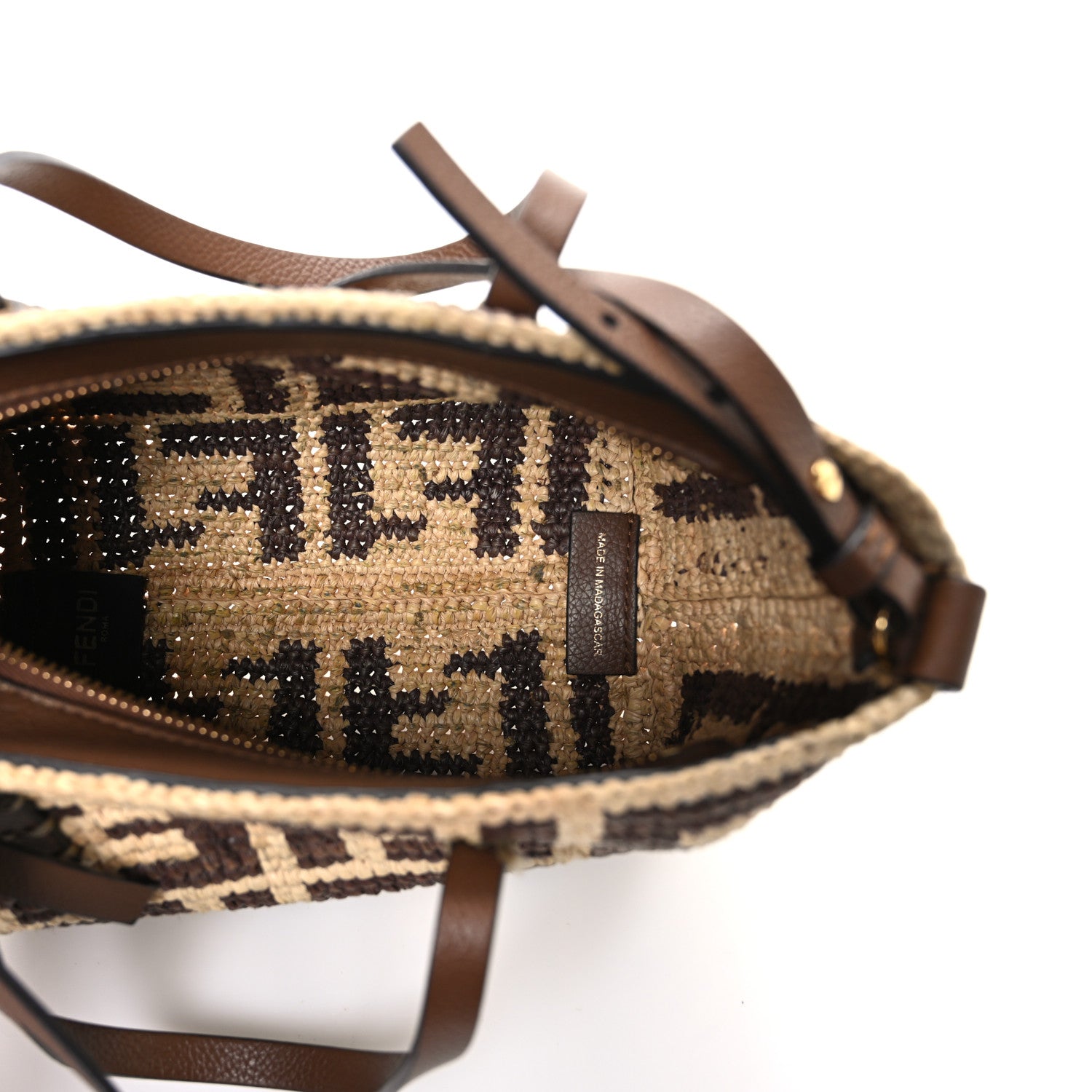 Fendi Raffia Cuoio Romano FF Crochet Mini Roll Tote  Natural Gianduia 5 of 13