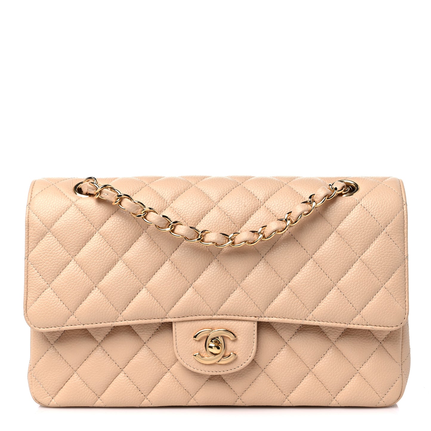 Caviar Quilted Medium Double Flap Beige