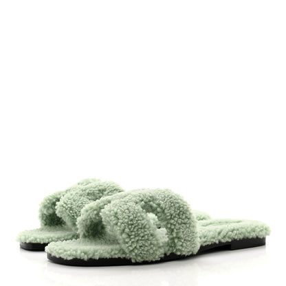 Hermes Woolskin Oran Sandals 39.5 Vert D’eau 3 of 8