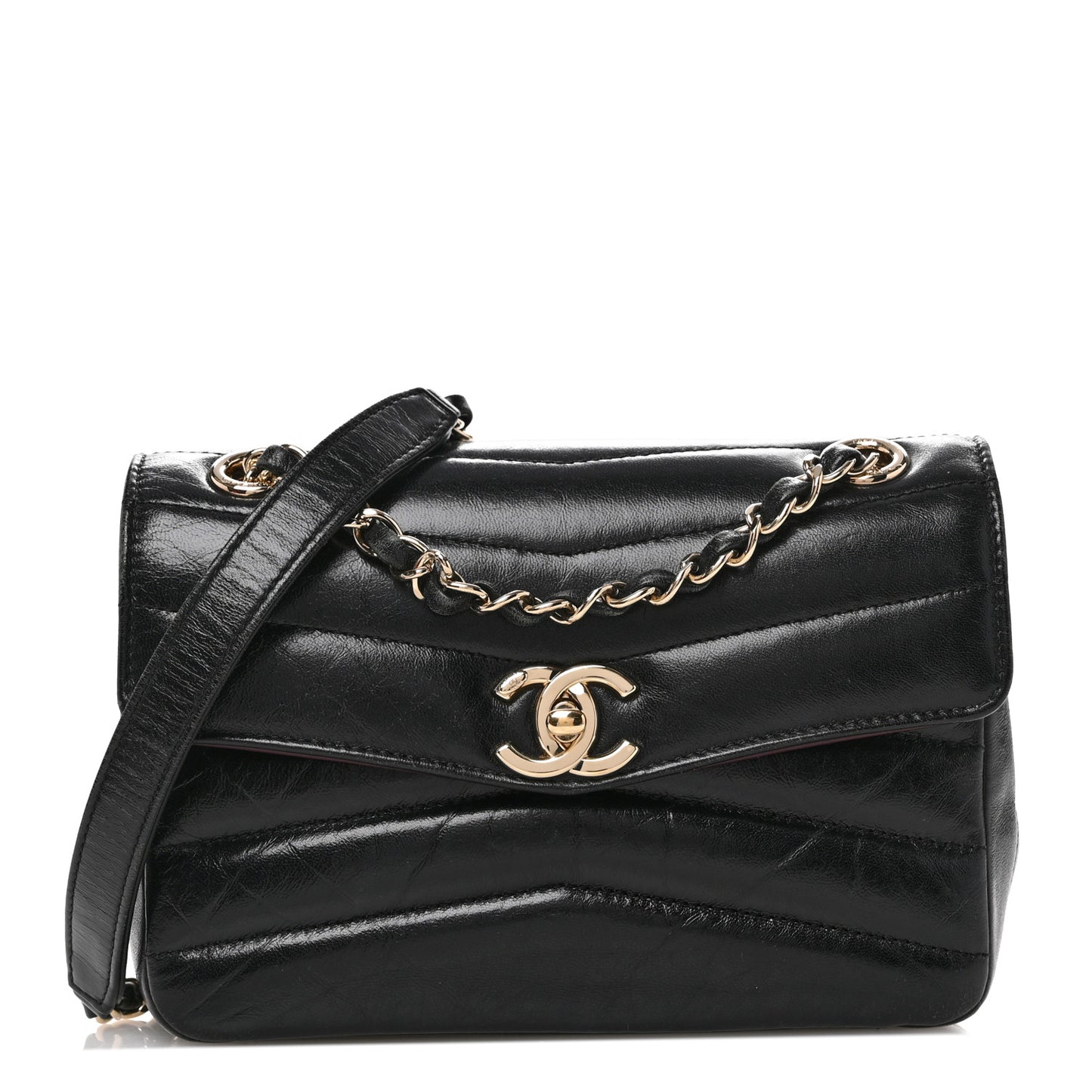 Shiny Lambskin Quilted Small Chevron Miroir Black