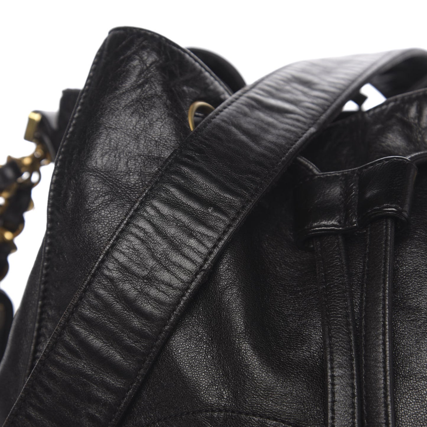 Lambskin CC Stitched Drawstring Bucket Bag Black